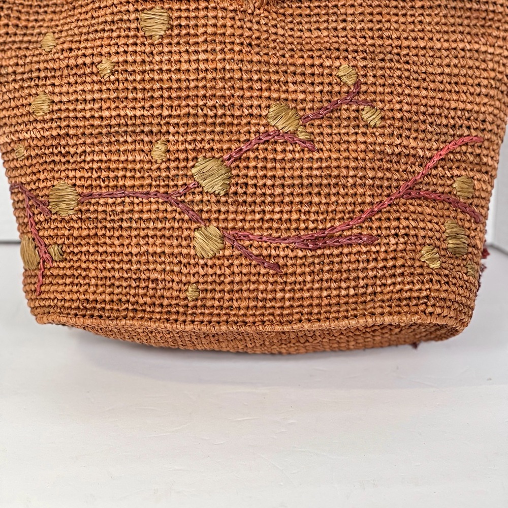 Jamin Puech Raffia Woven Tote Bag Embroidered Floral Pattern Leather Handles - Picture 7 of 15